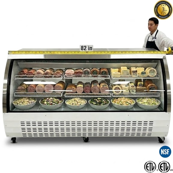 82" Commercial Refrigerated Deli Display Case – Curved Glass Meat & Deli Refrigerator,  Self-Contained Merchandiser with Adjustable Shelves and LED Lighting, Ideal for Grocery Stores, Butcher Shops