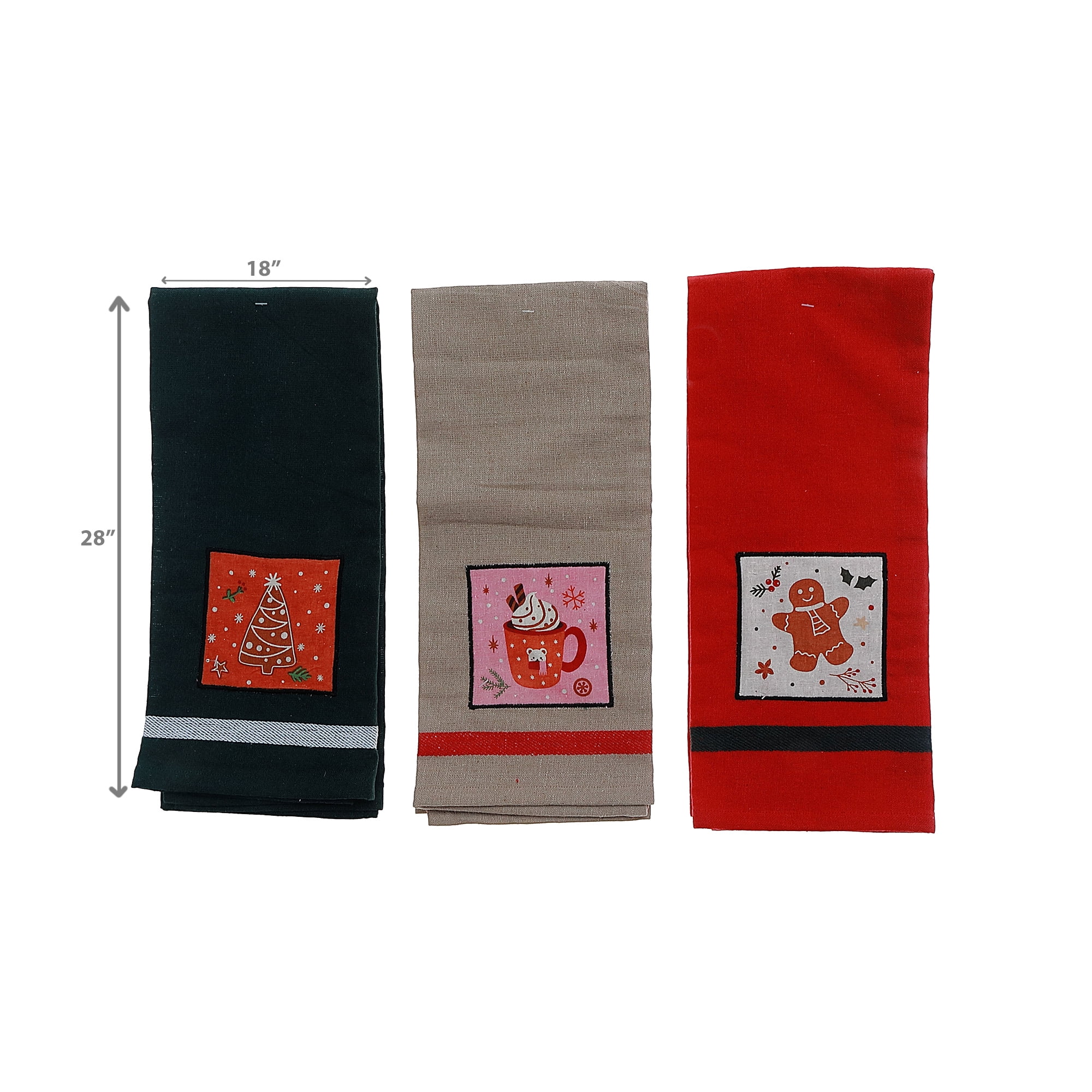 Serviette De Cuisine En Coton Uni Avec Imprimé De Noël Intégré (Assortiment) - Lot De 3
