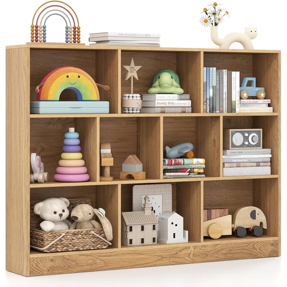 Toy Storage Organizer, Kids Bookshelf with 10 Cubes, Playroom Toy Shelf Organization and Storage, Wood Children’s Bookcase, Book Shelf for Kids Rooms, Living Room, Nursery (Natural, 55'')