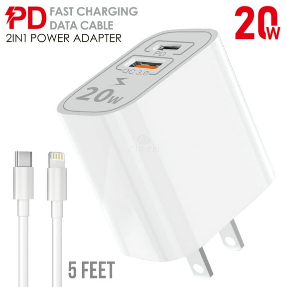 For Universal Fast Charge 2in1 20W PD USB Adapter / TYPE-C Data Home / Travel Adapter Charger w. 5Ft Cable White