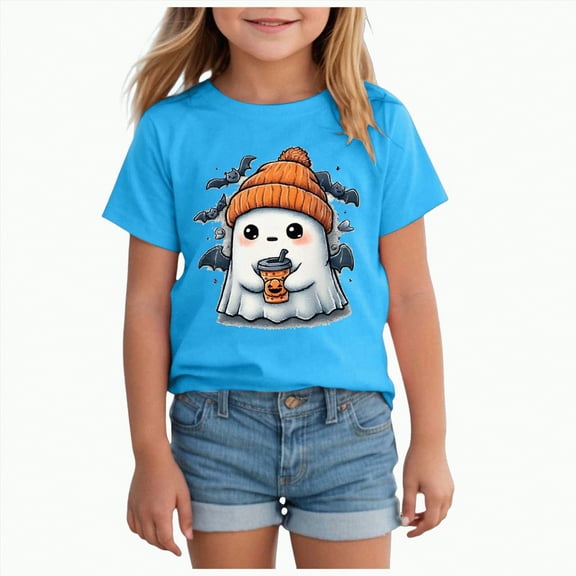 mgoYE Girl T-Shirts Toddler Girl Halloween Shirt T-Shirt Ghost Graphic Short Sleeve Tee Tops Funny Spooky Season Outfit(Blue,2-3 Years)