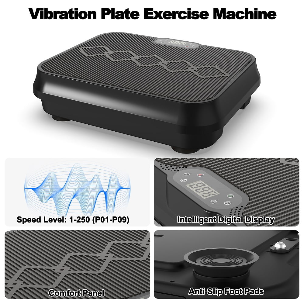 Black Vibration Plate Exercise Machine, Whole Body Workout Platform with Remote Control, Resistance Bands, Vibration Platform