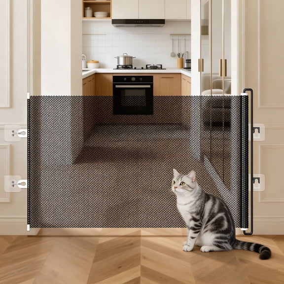No Drill Retractable PVC Pet Barrier for Cats & Dogs, Adjustable Gate for Staircase Doorway Indoor Outdoor