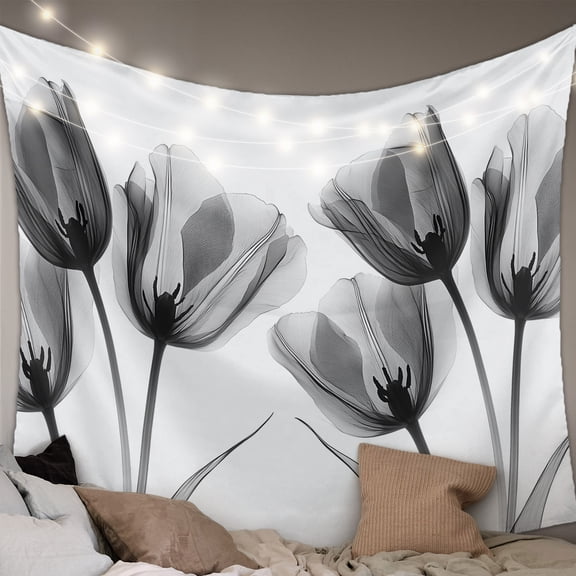 Tulip Black White Large Tapestry for Bedroom Wall Hanging Tapestry, Spring Floral Botanical Bloom Ceiling Backdrop Tapestries Poster Blanket Wall Decor for Teens Room Living Room Dorm 85" x 90"