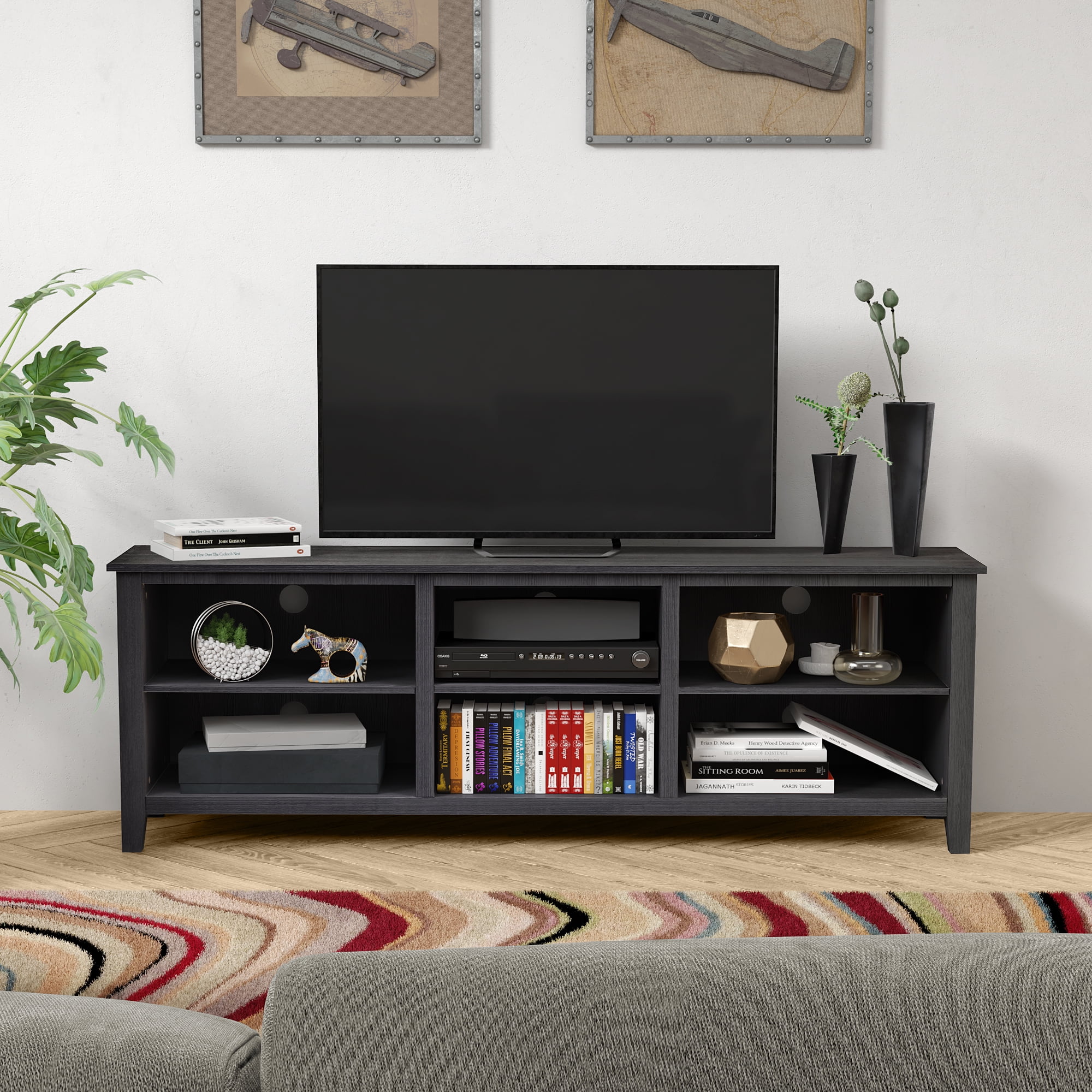 image 0 of Fireplace TV Stands for TVs up to 85'', Wood TV Console with Electric Fireplace Insert, Rustic Farmhouse TV Stand Media Console Sofa Table with 6 Adjustable Shelves for Living Room, Black, SS300