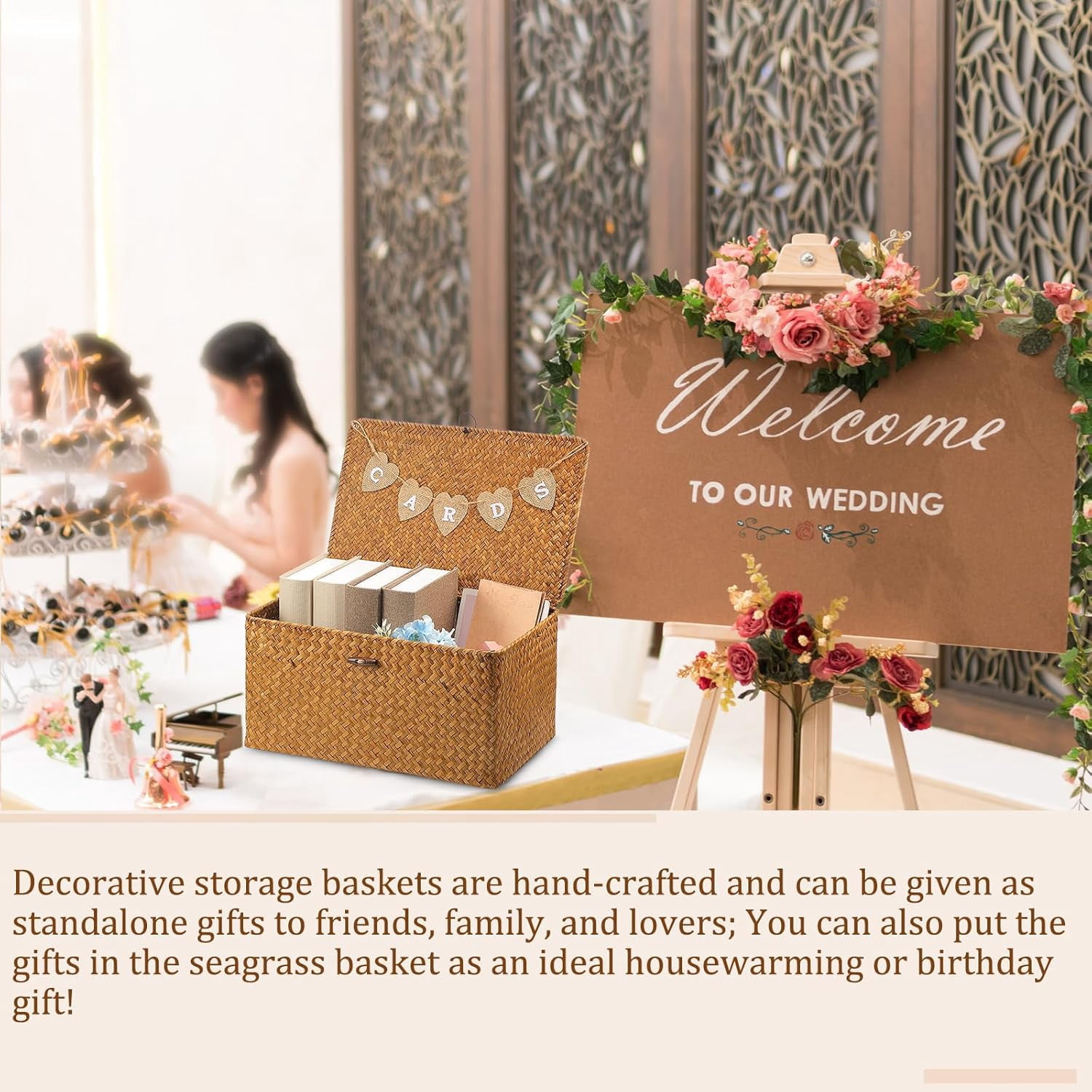 Geelin Sea Grass Wedding Card Basket With Letter Flag Decorative Wedding Card Woven Post Box Suitable For Baby Showers Birthdays Graduation Ceremonies Bridal Showers(Natural Color,14 Inch)
