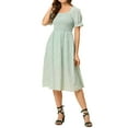 thumbnail image 5 of INSPIRE CHIC Women's Floral Chiffon Ruffle Short Sleeves Square Neck Smocked Midi Dresses Green XL, 5 of 6