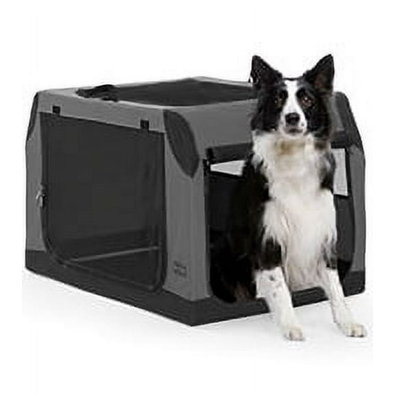 PETSFIT Dog Travel Crate, Soft Sided Dog Crate - 36 Inch Sturdy Adjustable Structure, Easy to Set Up, Collapsible Dog Crate for Car, Light Tough with 3 Mesh Doors Gray