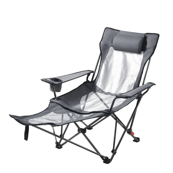 Reclining Camping Chair, Adjustable 4-Position Lounger, Portable Folding Beach Chair with Footrest, Heavy Duty Camp Chair for Adults, Supports 220lbs, Gray