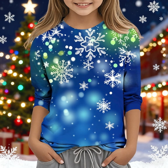BaoFuBaoMei Funny Graphic Tees Boys Girls Christmas Snowflake Long Sleeve Pullover Shirt Slim Crew Neck Fall Clothes for Christmas Dinner Vacation Holiday