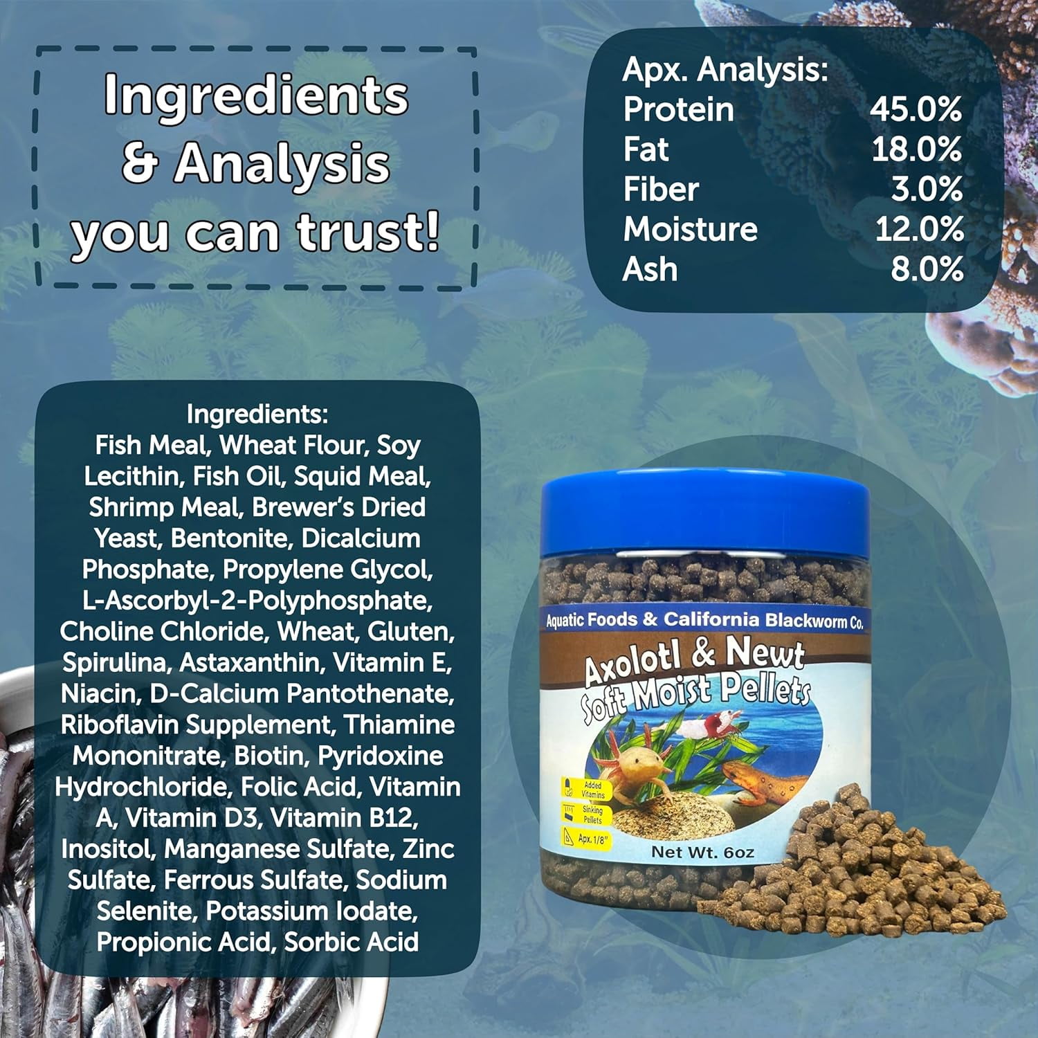 Axolotl Food 1/8" Soft Moist Sinking Pellets for Juvenile Axolotl, Snails, Shrimp, ALL Bottom Fish, Blackworm Pellets Included 1-lb 6oz Canister