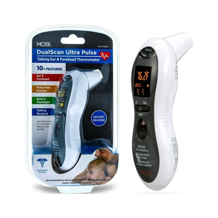 Mobi Ultra Pulse Ear & Forehead Digital Thermometer with Pulse Rate Monitor, Flashlight and Talking Readout in 3 languages