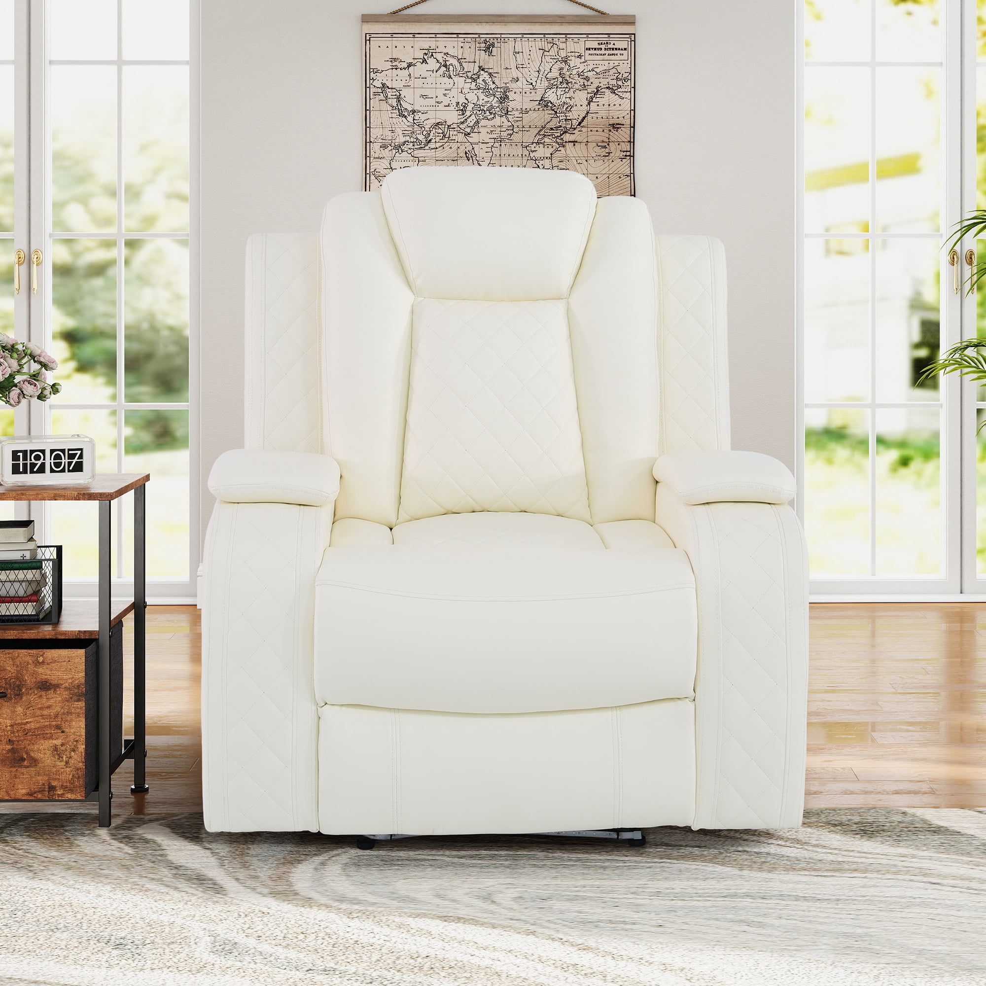 Aukfa Power Recliner Sofa Chair W/ Storage and USB for Living Room,Leather, White