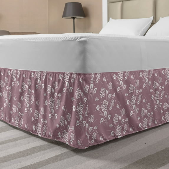 Natural Bed Skirt, Floral Theme Abstract Flowers and Leaves Pattern in Monochrome Design, Elastic Bedskirt Dust Ruffle Wrap Around for Bedding Decor, 4 Sizes, Pale Purple and White, by Ambesonne