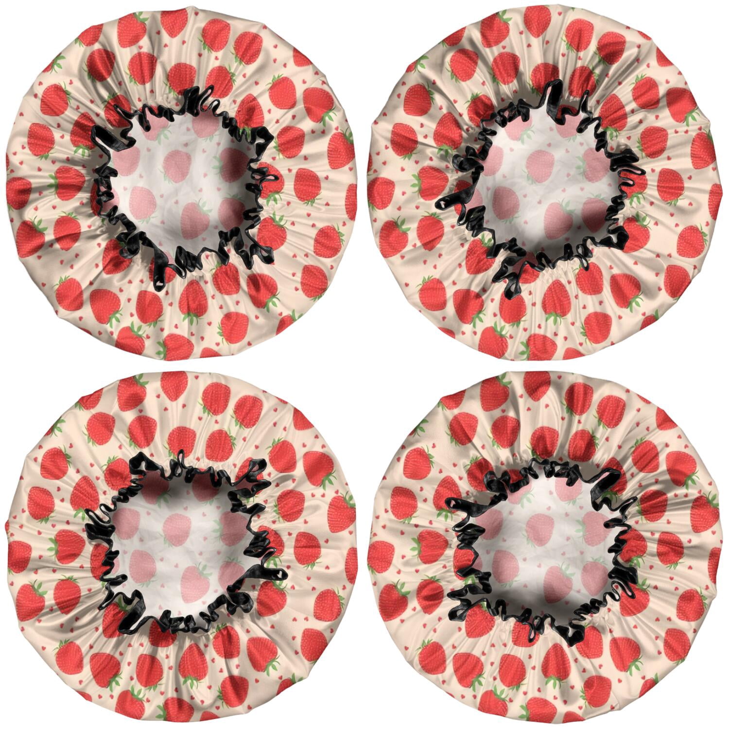 Shower Caps,Strawberry Plants Fruit Heart Waterproof Shower Cap for Women 4 Pieces,Double Reusable Hair Cover for Shower PEVA Elastic Stretch Hem
