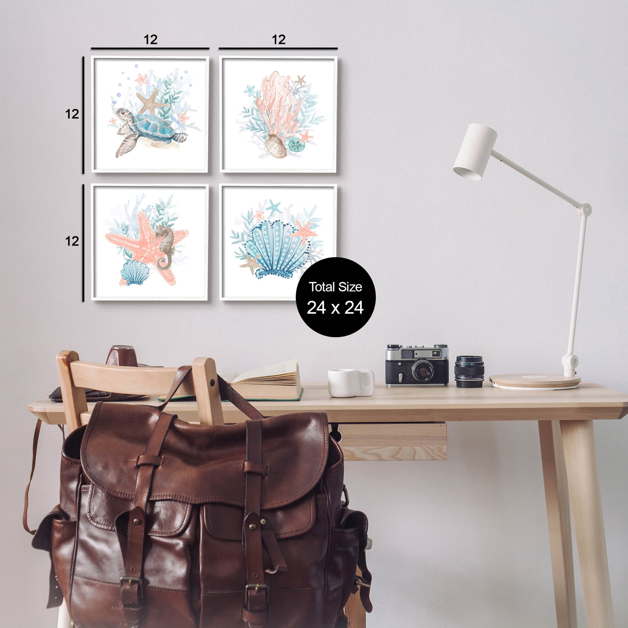 Various Sea Life Nautical Coral Reef Animals & Insects Graphic Art White Framed Art Print Wall Art, Set of 4
