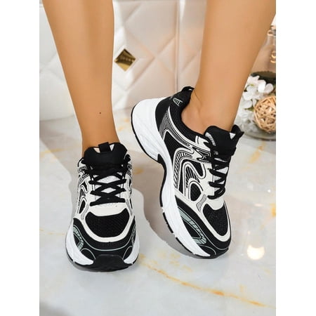 New Women s Casual Sneakers – White Chunky Design Colorblocked Comfortable Breathable Multi-Material College Style Hiking and Commuting Shoes