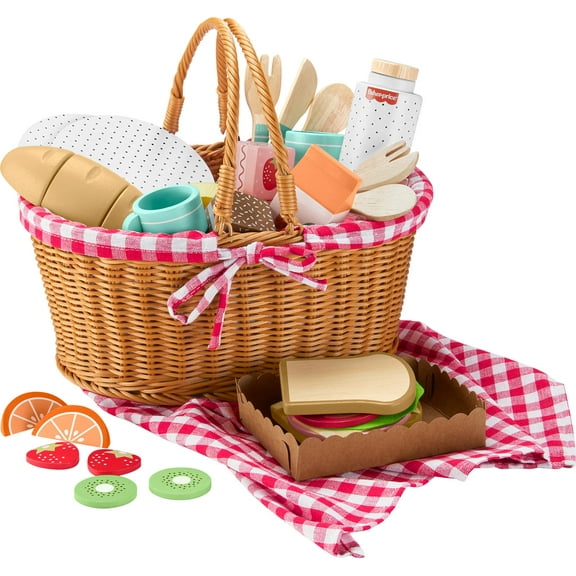 Fisher-Price Wooden Picnic Basket and Food Pretend Play Set for Preschool Kids, 31 Pieces