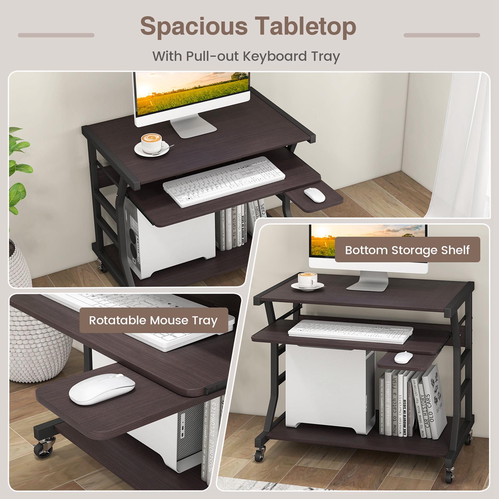 Costway 29.5'' Mobile Computer Desk Rolling Laptop Cart with Pull-out Keyboard Tray & Shelf