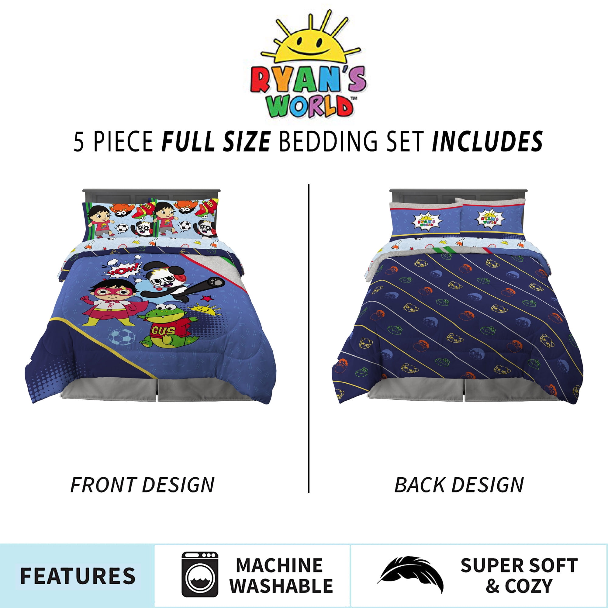 Ryan's World Kids Full Bed in a Bag, Comforter and Sheets, Blue,  Pocketwatch 