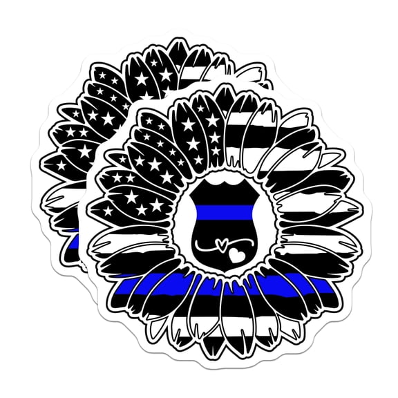 (2 Pack) Thin Blue Line Sunflower Stickers - Police Support - American Flag Patriotic - 5" On Longest Side - Sticks to Smooth Flat Surfaces - Made in USA - BMCS21613