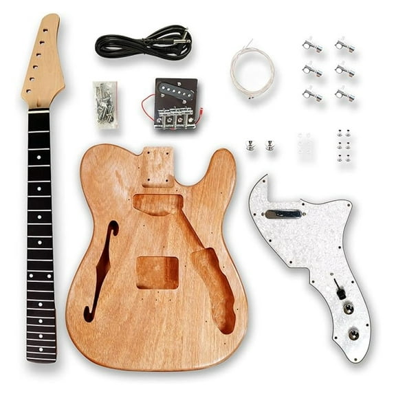 DIY Electric Guitar Kit Semi Hollow Body - Okoume Wood, Maple Neck, Ebony Fingerboard - Beginner Build Kit with White Pickguard & Electronics