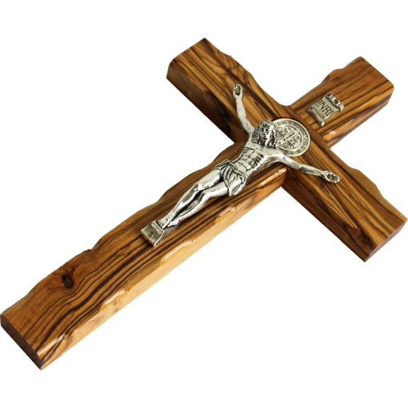 10" Wall Wood Cross St. Saint Benedict & Medal Holy Land Handmade Silver Plated Crucifix