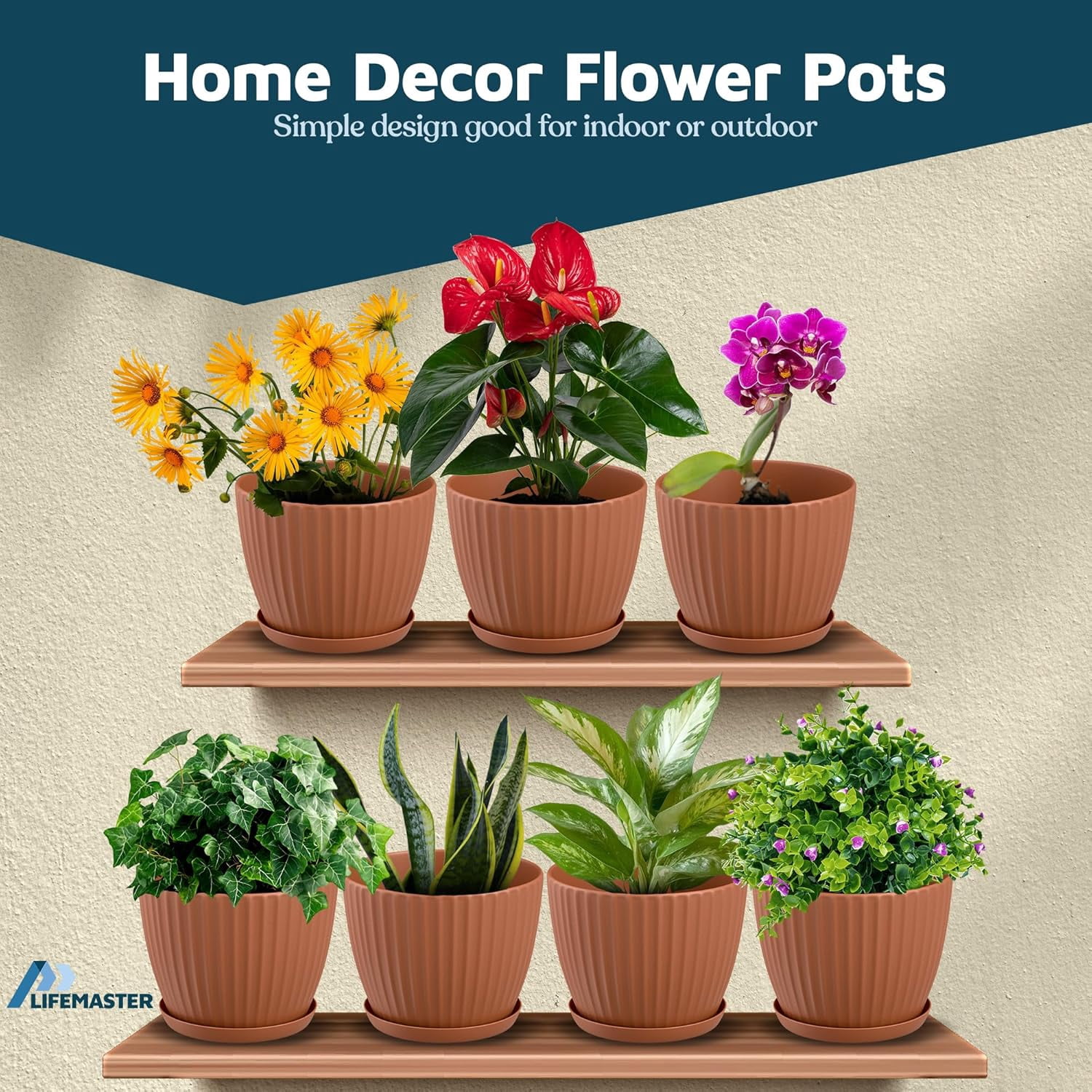 Terracotta 6-Inch Plant Pots with Drainage & Saucers 3 Pack, Indoor & Outdoor Planters for Houseplants, Herbs, and Flowers, Durable & Weatherproof Material, Stackable, Lightweight, Minimalist Design