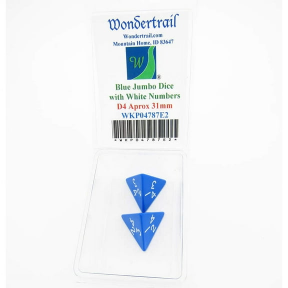 Blue Jumbo Dice with White Numbers D4 31mm Pack of 2 Wondertrail