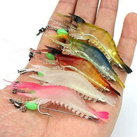 ã€Happy Shopping Day] OriGlam 5pcs Soft Luminous Shrimp Lure Set 5 Colors Shrimp Bait Shrimp Lures Fishing Bait with Hooks Beads Fishing Tackles for Freshwater Saltwater Bass Trout Catfish