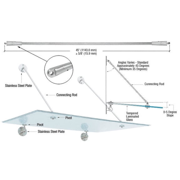 CRL GAS45BS Brushed Stainless 45" Glass Awning System Connecting Rod for 42" Wide Panels