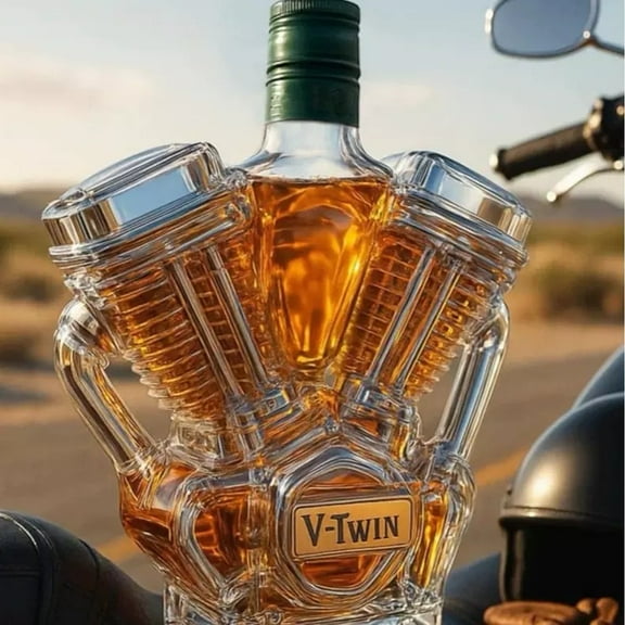 Interesting whiskey bottle 350ml, engine shape, transparent glass bottle, decanter, retro motorcycle theme, holiday gifts, suitable for collection.