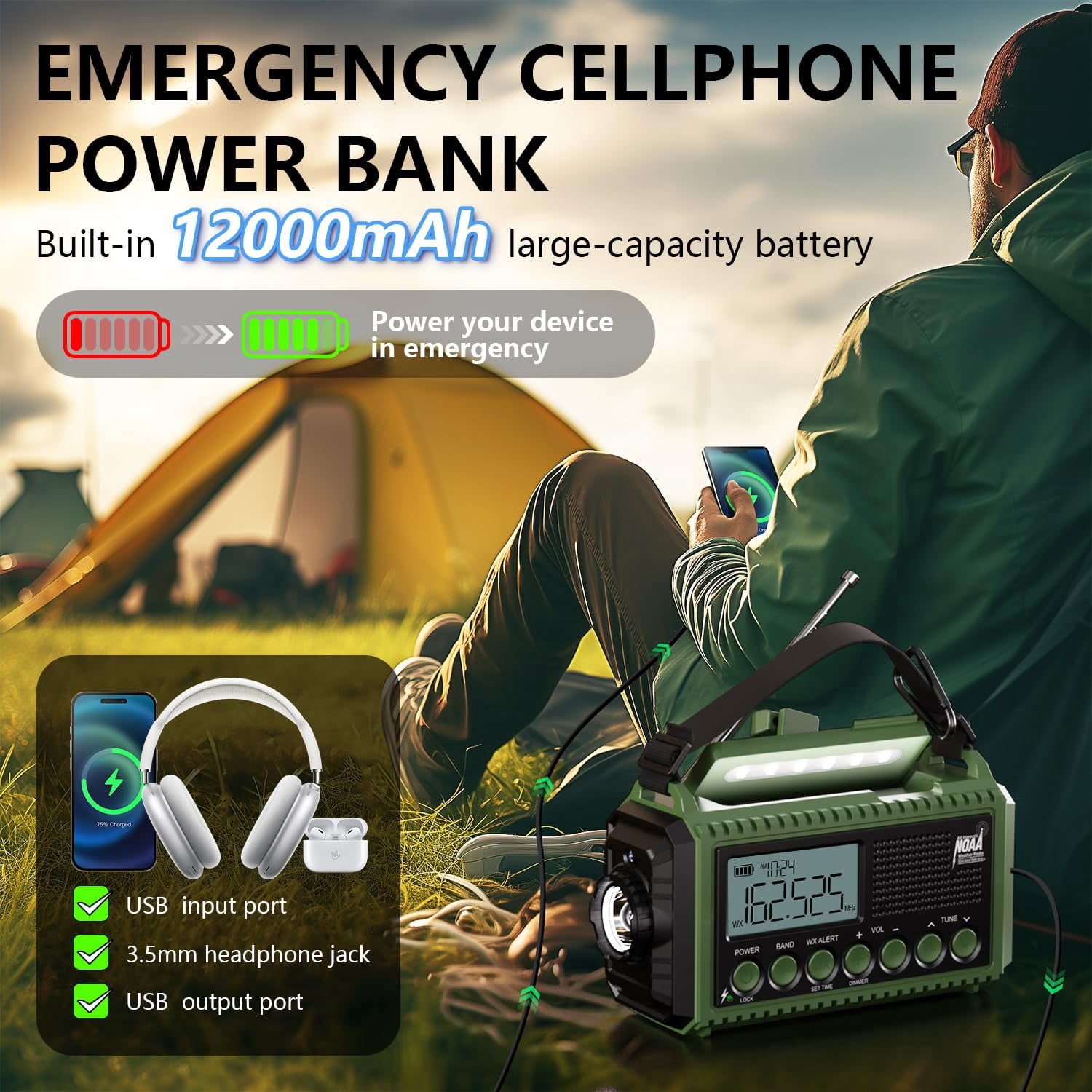 Noaa Emergency Radio With Auto Weather Alerts - 12000mah Solar Hand Crank  6 Power Sources Bright Lcd Digital Tuning Am/fm/sw Receiver Sos Alarm & For Home Camping