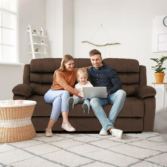 3-Seater Dark Brown Manual Reclining Sofa Couch, Triple Recliner Chair with Side Pockets for Living Room, Home Theater, and Family Gatherings