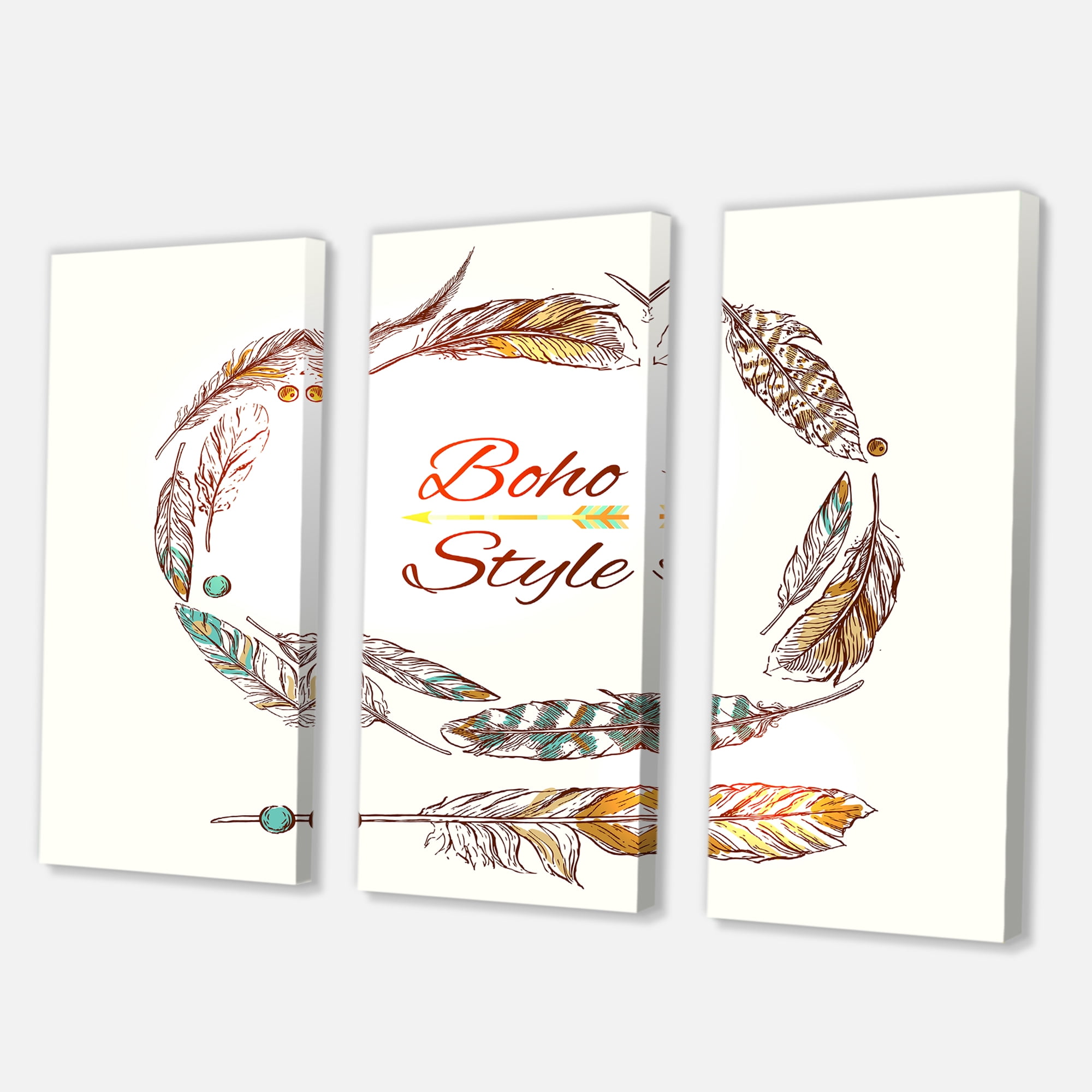 Designart ' Wreath Of Ethnic Beige Boho Feather ' Bohemian & Eclectic Canvas Wall Art Print