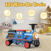 TOKTOO 12V Powered Ride on Toy Train for Kids, Ride on Train Locomotive & Train Carriage W/ Rubber Wheels, Storage Box-Blue