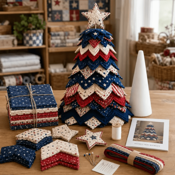 Americana Fabric Tree Quilt Kit, 3D Layered Mini Christmas Tree Patchwork Kit, Pre-Cut Red White Blue Star Fabric & Foam Base, Beginner Sewing Kit For Farmhouse Holiday Table Decor