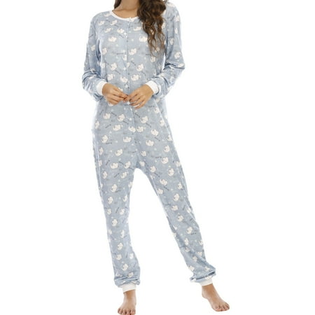 

Ma&Baby Women Pajamas Jumpsuit Cartoon Long Sleeve Buttons O-Neck One-Piece Sleep Wear