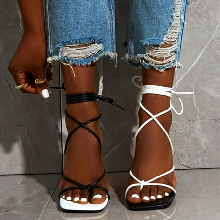 

Summer Savings Clearance! Edvintorg Hot Sale Female Cross Tied Sexy Party Sandals 2022 Summer Sandals Women Square Toe Chunky High Heels Shoes Woman Pumps