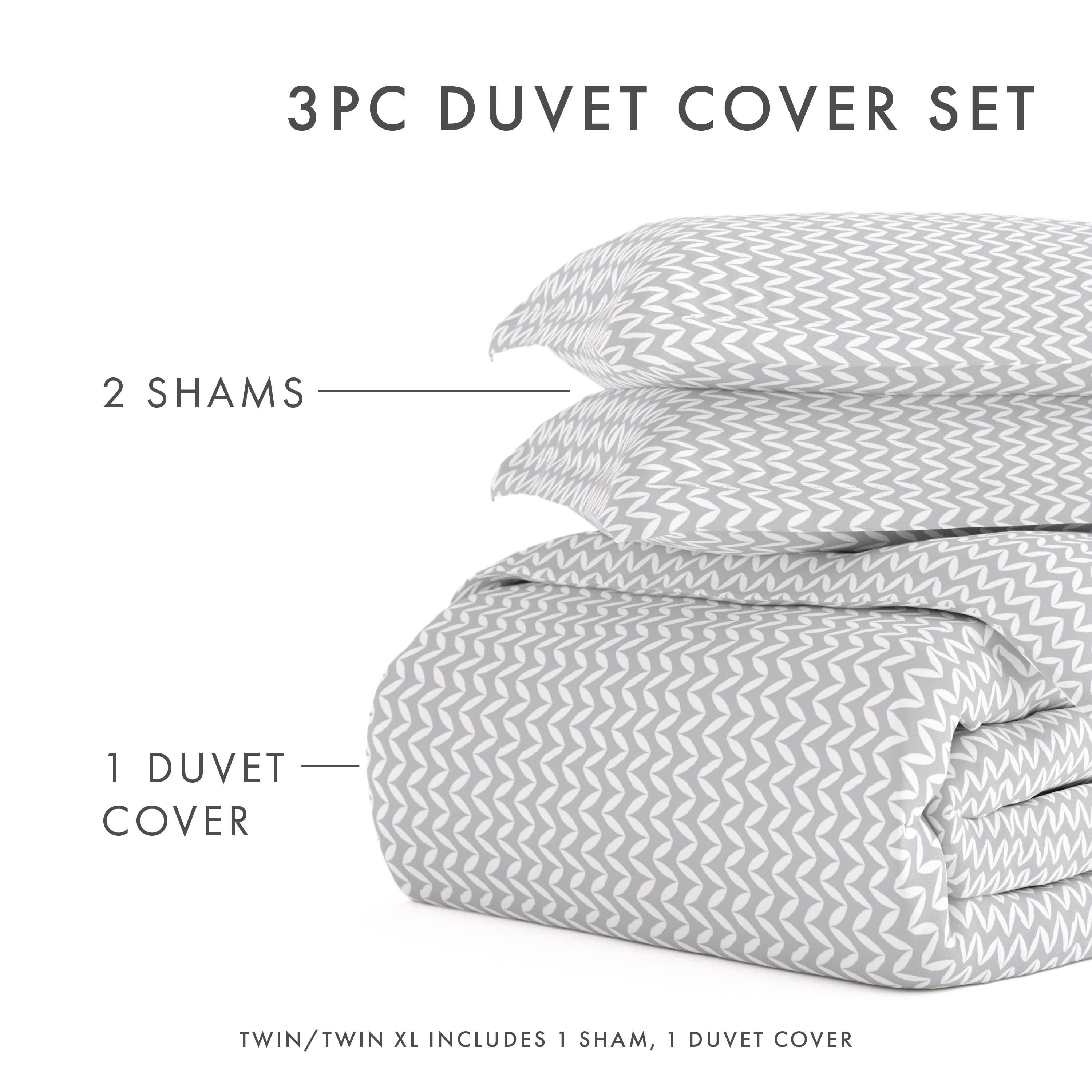 Noble Linens Light Gray Puffed Chevron Print Duvet Set 3-Piece Duvet Cover Set, Full/Queen