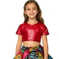 thumbnail image 5 of KKBOTIVE Girls Carnival Short Sleeve Sequin Shirts Party Glitter Sparkly Tops Casual Shimmer Tees for Kids Fashion Clothes, Red Size: 16-17 Years, 5 of 5
