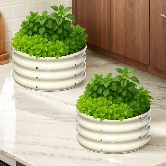 2-Pack Round Raised Garden Bed, 2 x 2 x 1 ft Size, White Galvanized Metal Planter Box, Anti-Rust Elevated Plant Bed for Flowers, Herbs and Vegetable Planting