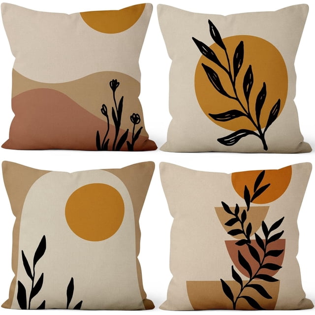 LAICAIW Boho Pillow Covers 16x16 Inch, Mid Century Sunrise Throw Pillow Covers Abstract Black Leaves Square Cotton Linen Terracotta Couch Pillowcases, Set of 4 (No Inserts)