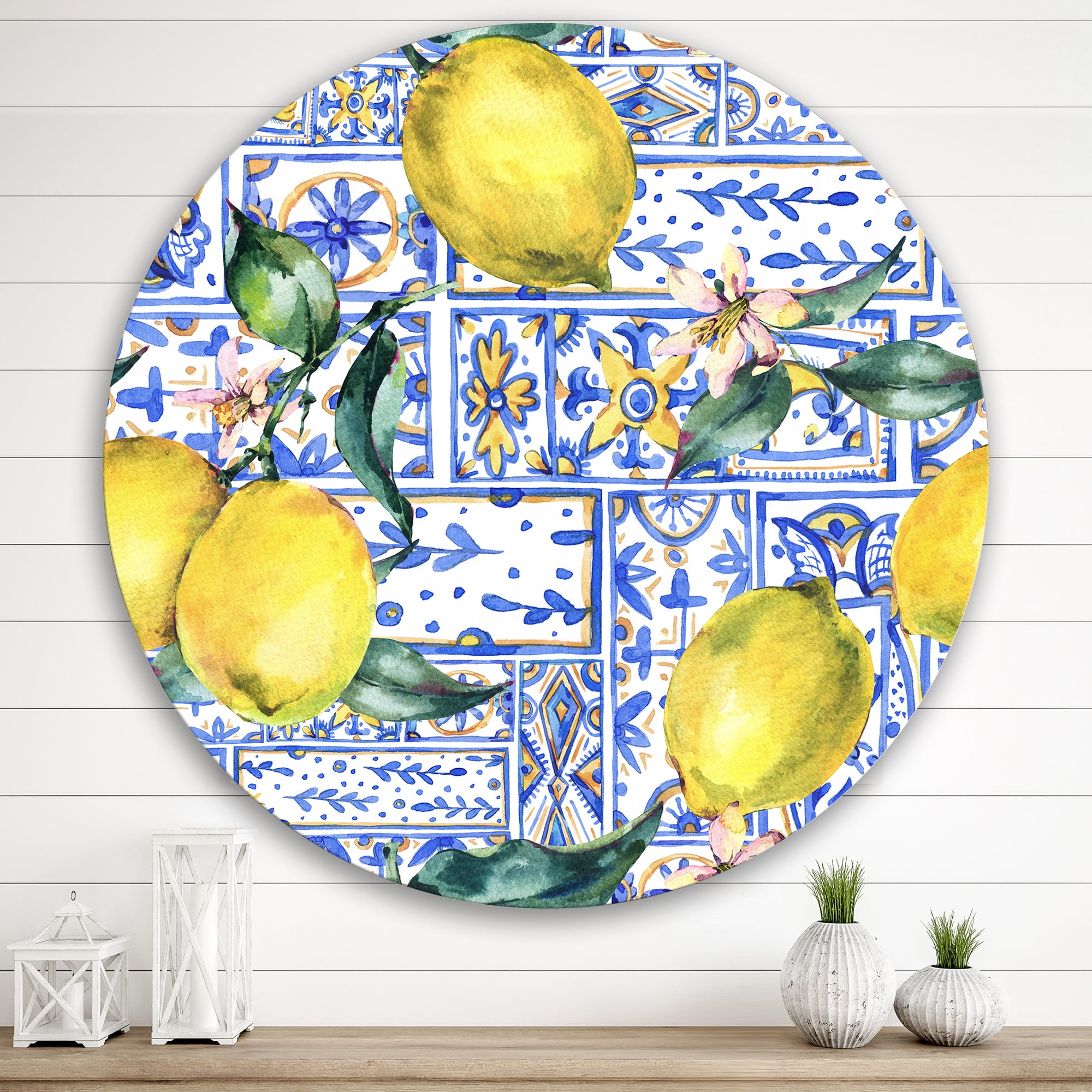 Designart 'Geometrical Pattern of Lemon Ornament On Blue I' Tropical Circle Metal Wall Art 29x29 - Disc of 29