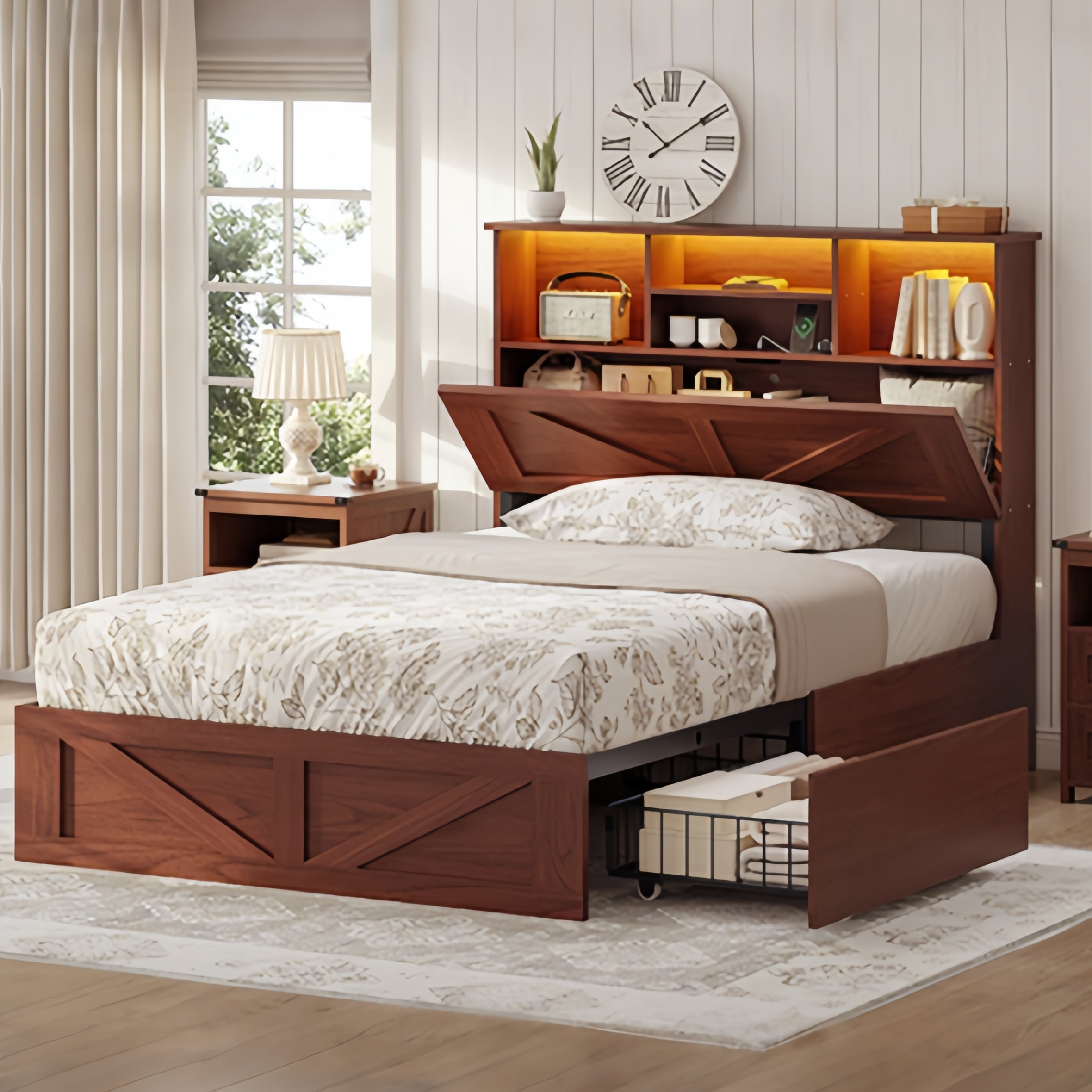 Twin Size Bed Frame, Farmhouse Wooden Platform Twin Bed with Storage Headboard Bookcase and 4 Footboard Storage Drawers Oak Brown