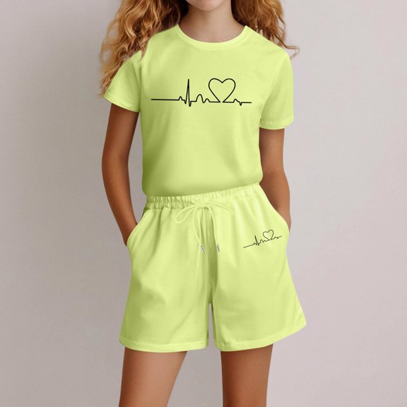 Angala 2 Piece Outfits For Girls Crew Neck Short Sleeve Graphic Print T Shirt With Active Shorts Set Girls Autumn Daily Wear Clothes