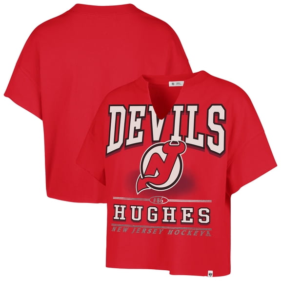 Women's '47 Jack Hughes Red New Jersey Devils Elation Name & Number Oversized Notch Neck T-Shirt