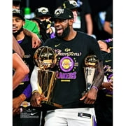 LeBron James Los Angeles Lakers Unsigned 2020 NBA Finals Bill Russell Finals MVP Trophy and Larry O'Brien Trophy Celebration Photograph