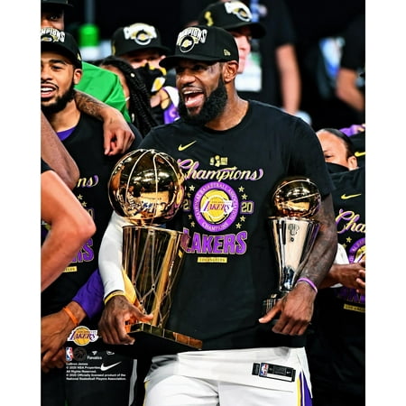 LeBron James Los Angeles Lakers Unsigned 2020 NBA Finals Bill Russell Finals MVP Trophy and Larry O'Brien Trophy Celebration Photograph