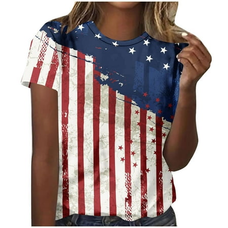 Dianli 4th of July Short Sleeve Womens Fashion Independent Day Print Tops Short Sleeve Workout Blouse Round Neck T-Shirt Tops Casual New Arrivals Workout XL,10